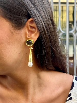 Pendiente Piñón perla + piedra natural - Oro Turco (Ref:42845)