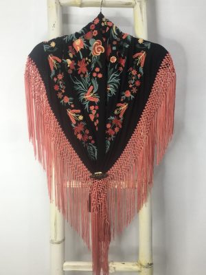 Mantoncillo Nacional adulto – Negro bordado colores fleco coral (Ref:43348)