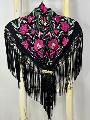 Mantoncillo Nacional adulto – Negro bordado buganvilla, flecos negros(Ref:43345)