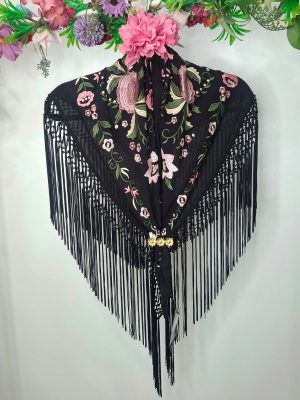 Mantoncillo crespón suave nacional - adulto negro/bordado rosas (Ref:43413)