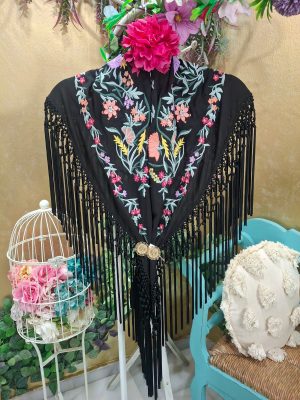Mantoncillo Nacional adulto – Negro bordado colores fleco negro(Ref:43457)