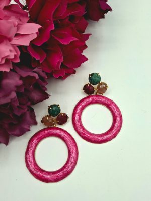 Pendiente esmaltado piedra natural triple - Fucsia (Ref:35035)