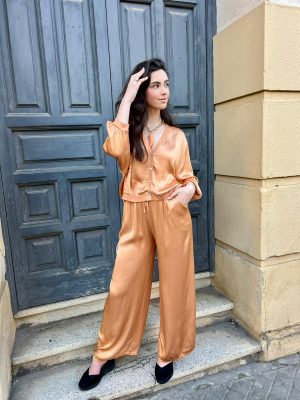 Dos piezas bomber + pantalón satinado efecto spiegato -  melocotón (Ref:43634)