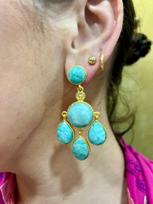 Pendiente oro turco triple lagrima turquesa (Ref:43641)