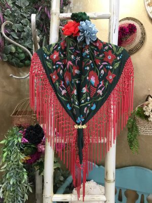 Mantoncillo Nacional adulto - Verde Botella flecos coral (Ref:43774)